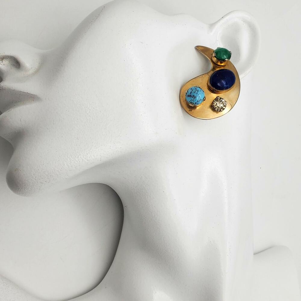 1980s Gold Clip On Earrings Teardrop Paisley Blue Boho Crescent Statement Runway